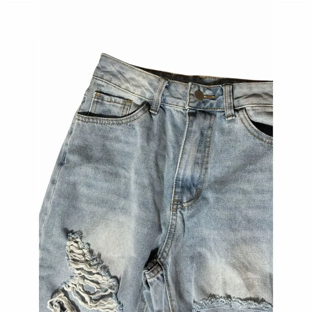 GIRLS SHEIN Petite Distressed Wide-Leg Jeans S Blue Light Wash